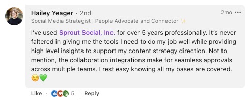A testimonial from a Sprout Social customer praising Sprout's all-in-one social media management tool. The review specific celebrates the approval workflow feature. 