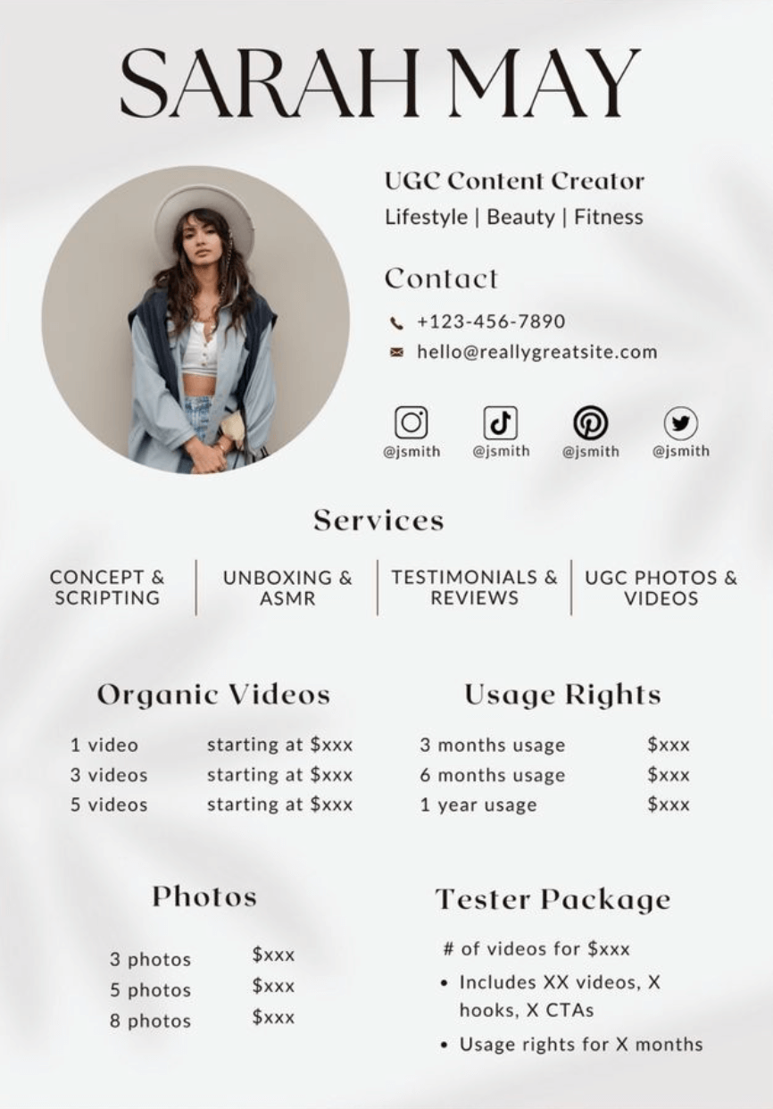 An influencer rate card template with customizable fields for rates, including photos, organic videos and tester packages