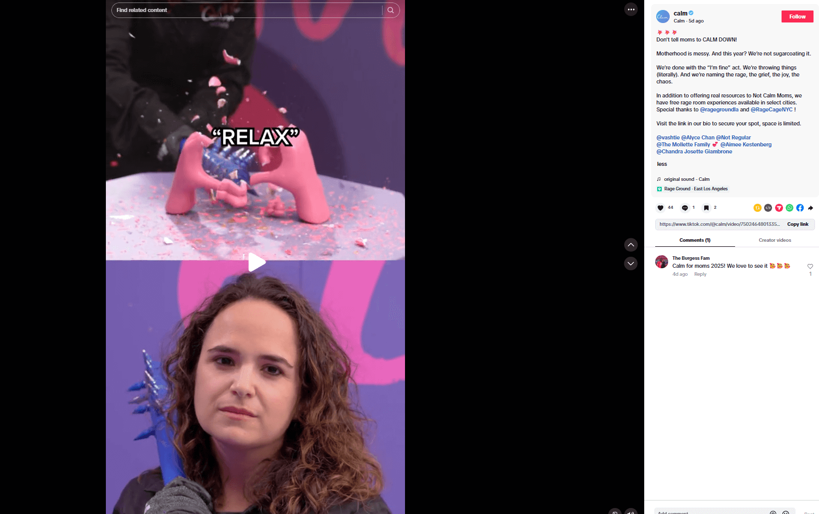 One of Calm’s Mothers’ Day videos featuring moms in a rage room and the word “relax” on screen. 
