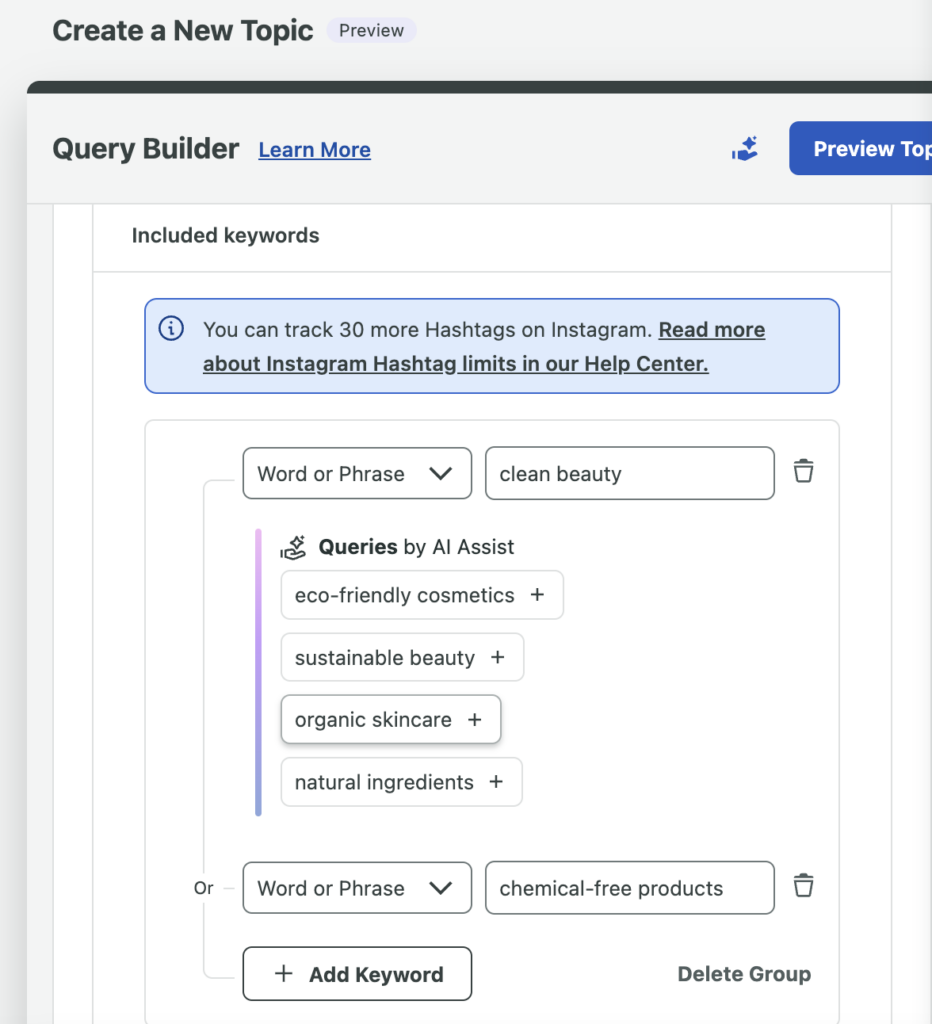 Sprout Social Query Builder showing a list of suggested words and phrases for clean beauty using the Queries by AI Assist feature.