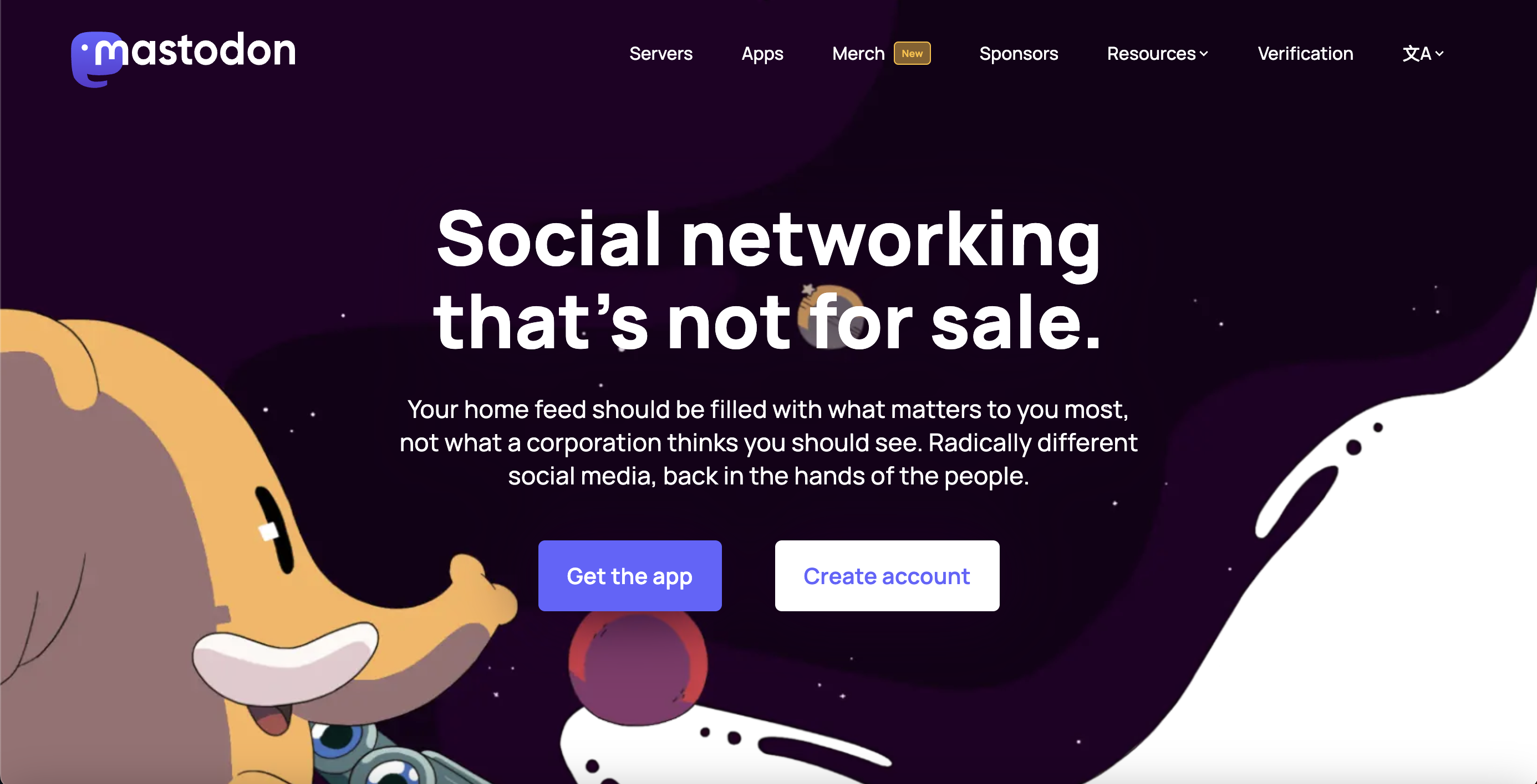 Mastodon's landing page. The headline of the page reads: Social networking that's not for sale. 