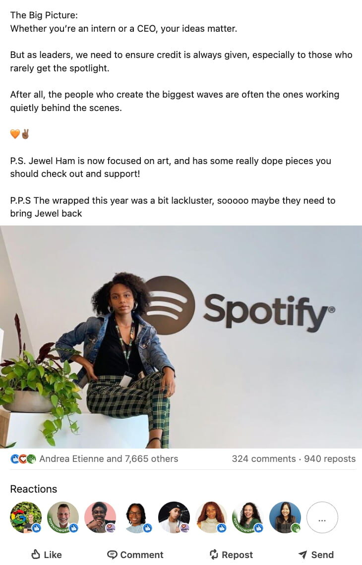LinkedIn post about Jewel Ham, the creator of Spotify Wrapped. 