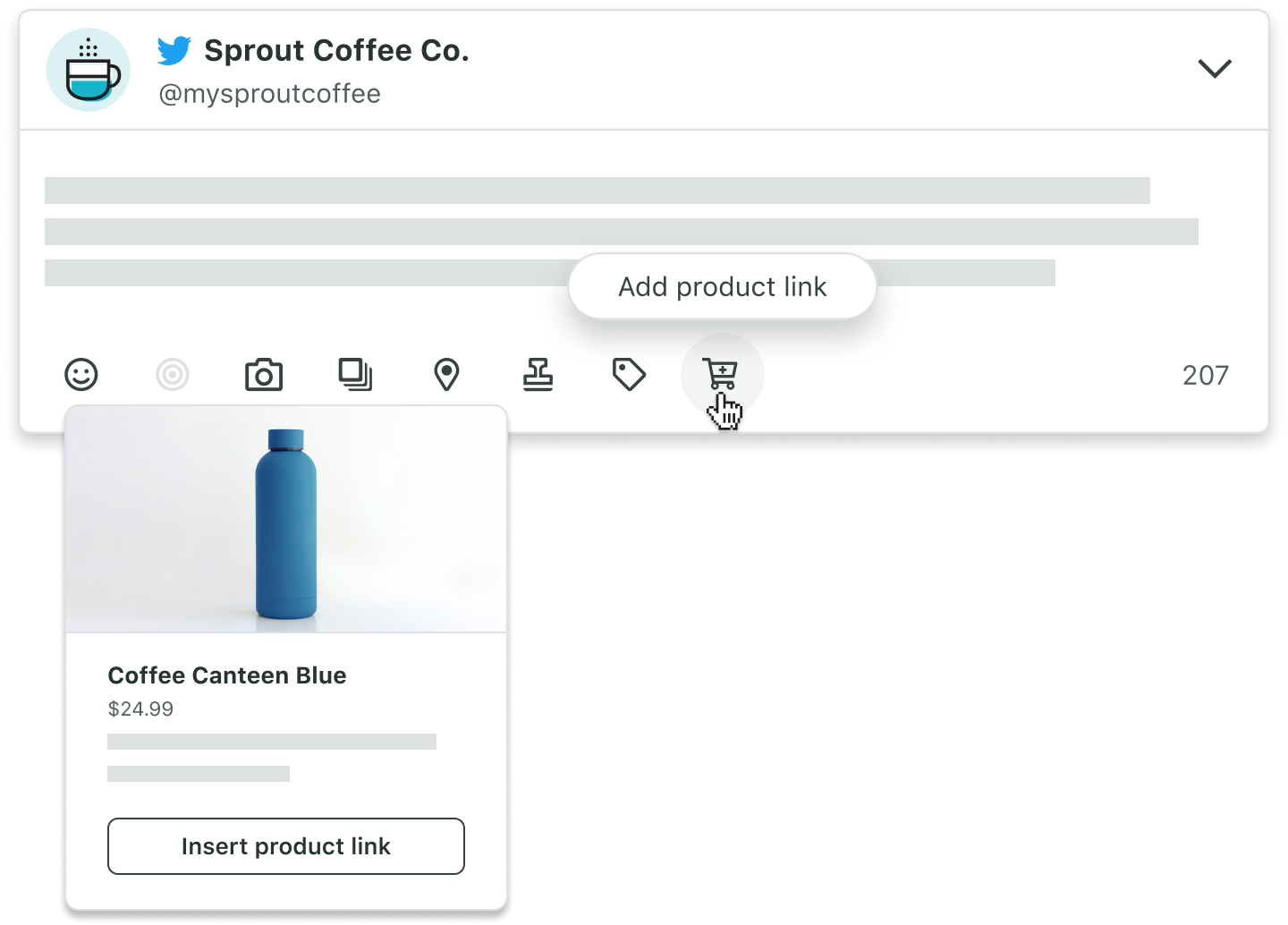 Sprout's Shopify interface showing how to create social post with a clickable product link for a blue coffee canteen priced at $24.99.