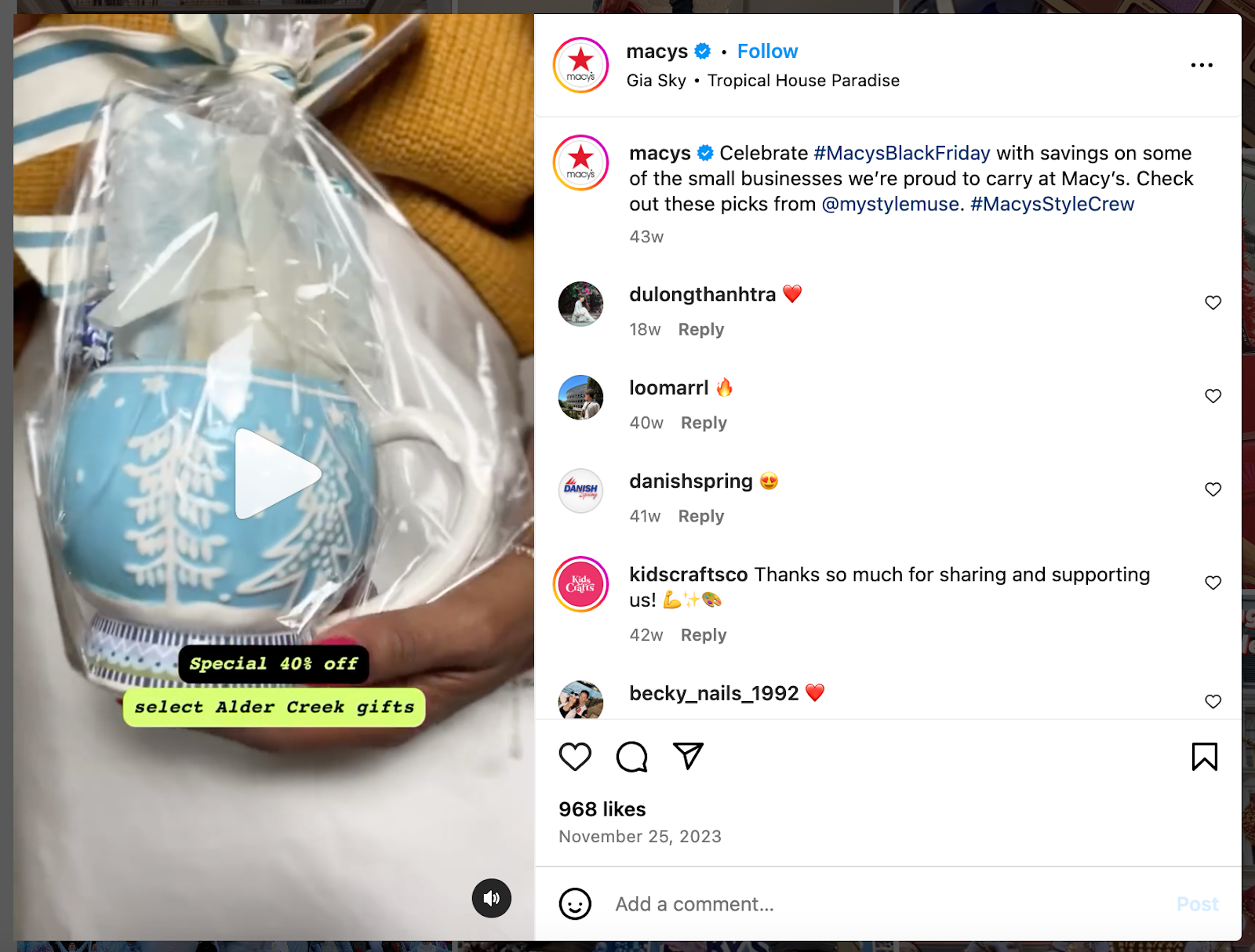 An Instagram post from Macy’s from their 2023 Black Friday campaign