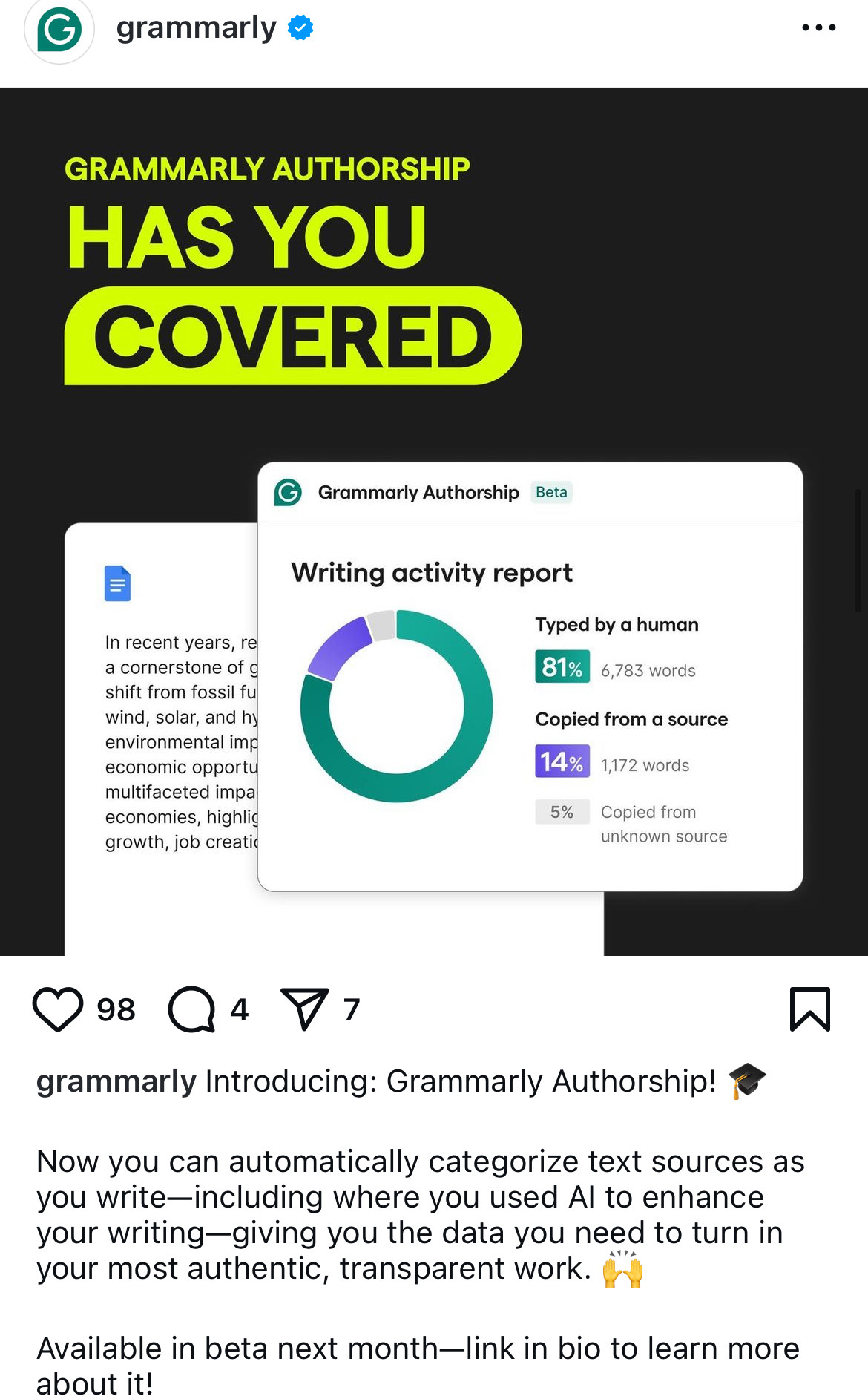 An Instagram post to promote the launch of the Grammarly Authorship campaign. The post shows an activity report highlighting how many words were written by a human and AI. 