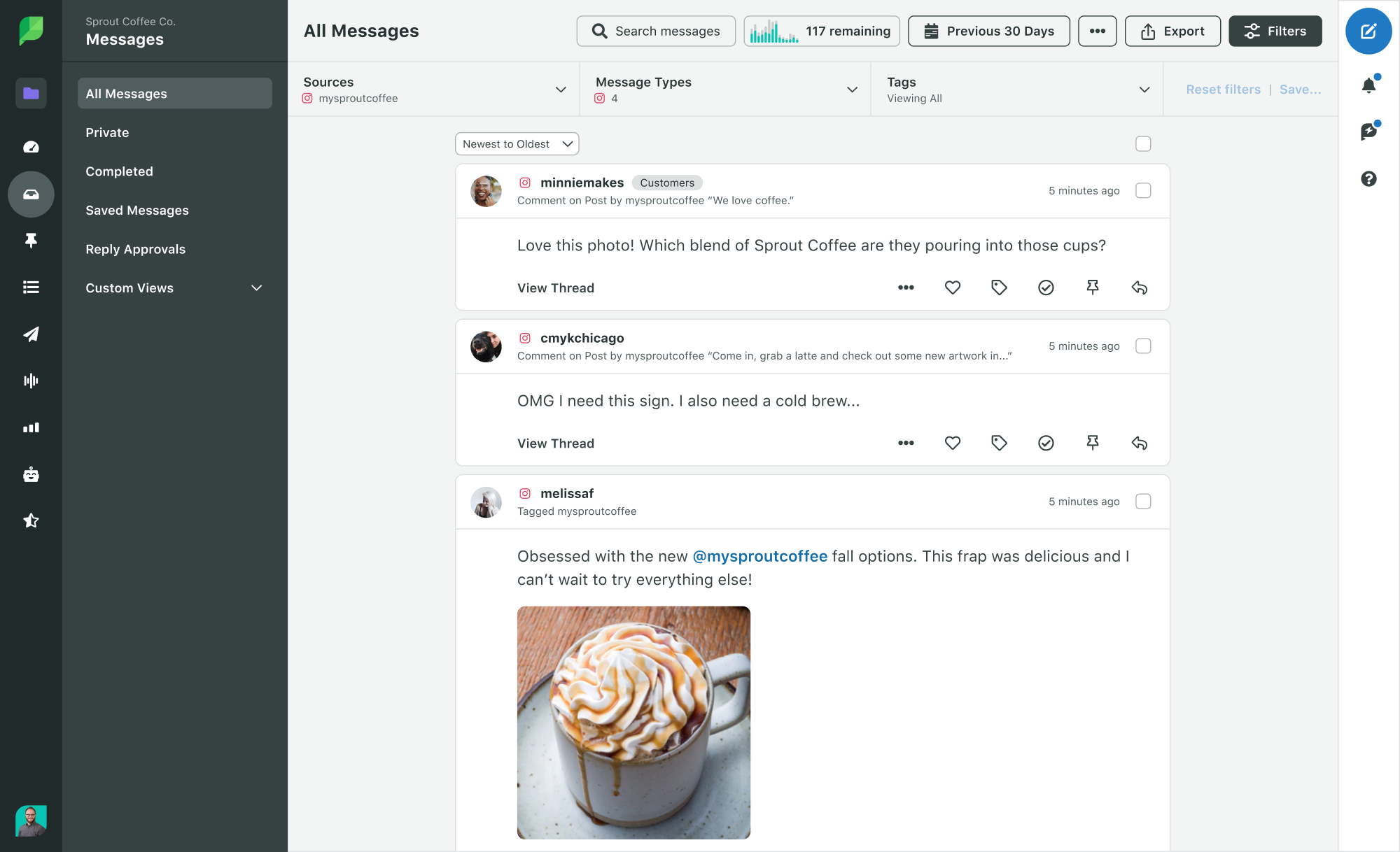 Sprout Social Smart Inbox showing a list of comments and brand mentions on Instagram