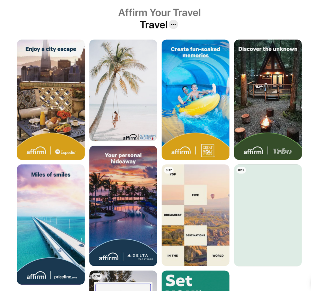 A campaign named "Affirm Your Travel" on Affirm's Pinterest account