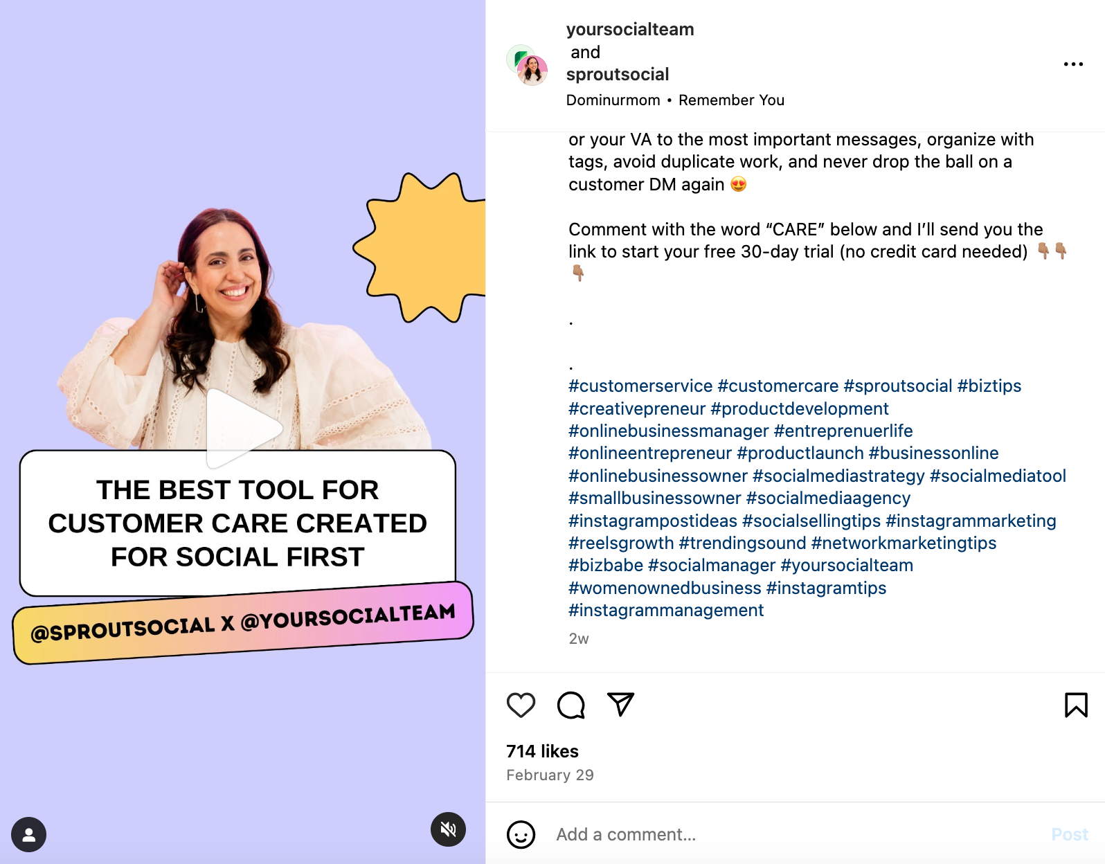An example of a Sprout Social Reel that uses hashtags in the caption