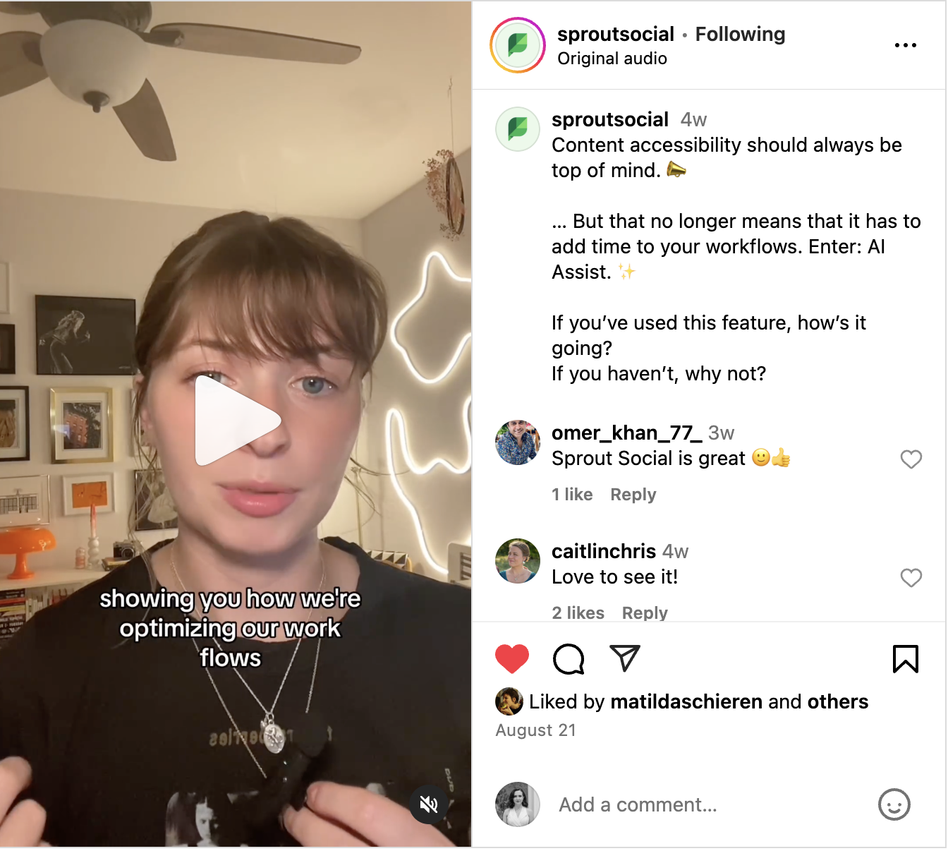 A Sprout Social Instagram Reel where a member of our social team explains how AI Assist benefits teams