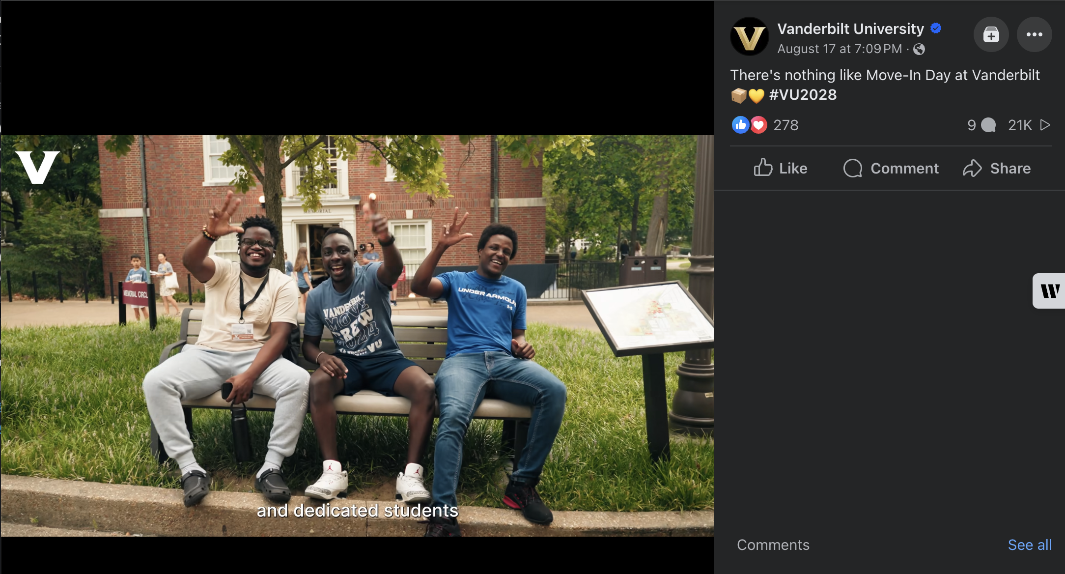 A Facebook video of families moving their students in during 2024 Move-In Day at Vanderbilt University. 