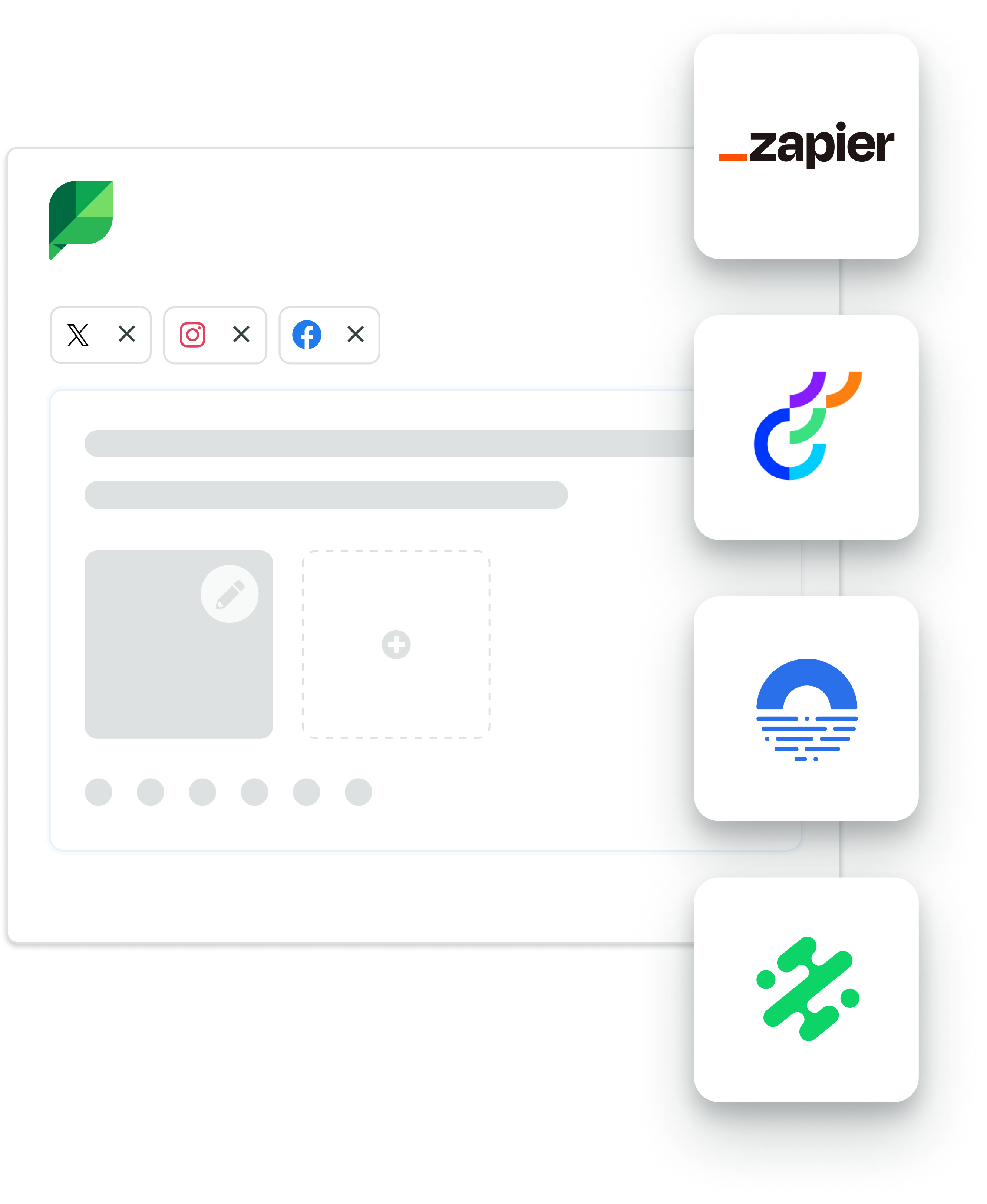 Image showcasing Sprout's new publishing integrations, including with Zapier, Optimizely, Opal and Slate. 