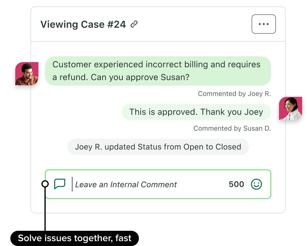A case management system showing an approved refund request for a customer who experienced incorrect billing.