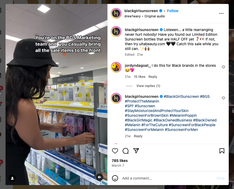 An Instagram Reel showing a Black Girl Sunscreen Employee rearranging bottles in a store.
