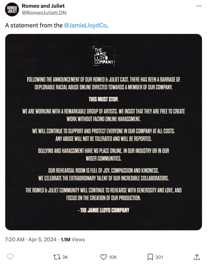 An X post from London's Jamie Lloyd Theater Company sharing a statement in support of lead actress Francesca Amewudah-Rivers. 