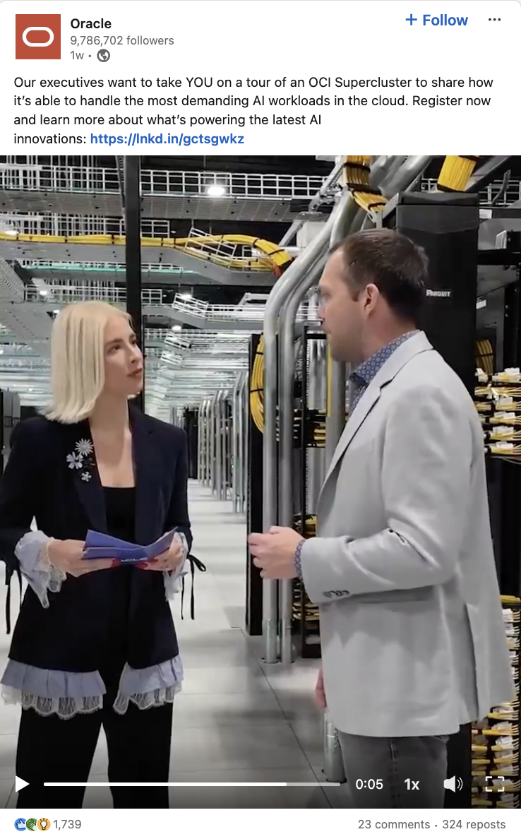 An Oracle LinkedIn post where their EVP of OCI Development walks viewers through their enormous AI OCI Supercluster.