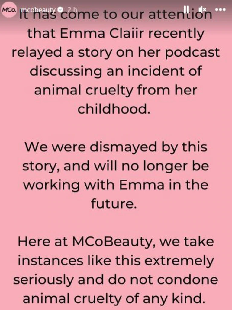 A message MCoBeauty posted to their Instagram Story announcing they were ending their partnership with Emma Claiir.