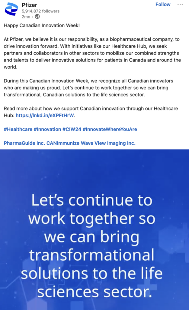 Pfizer uses LinkedIn to direct followers to a specific section of their website focusing on Canadian innovation in healthcare. This is an excellent example of increasing social media traffic with targeted posts.