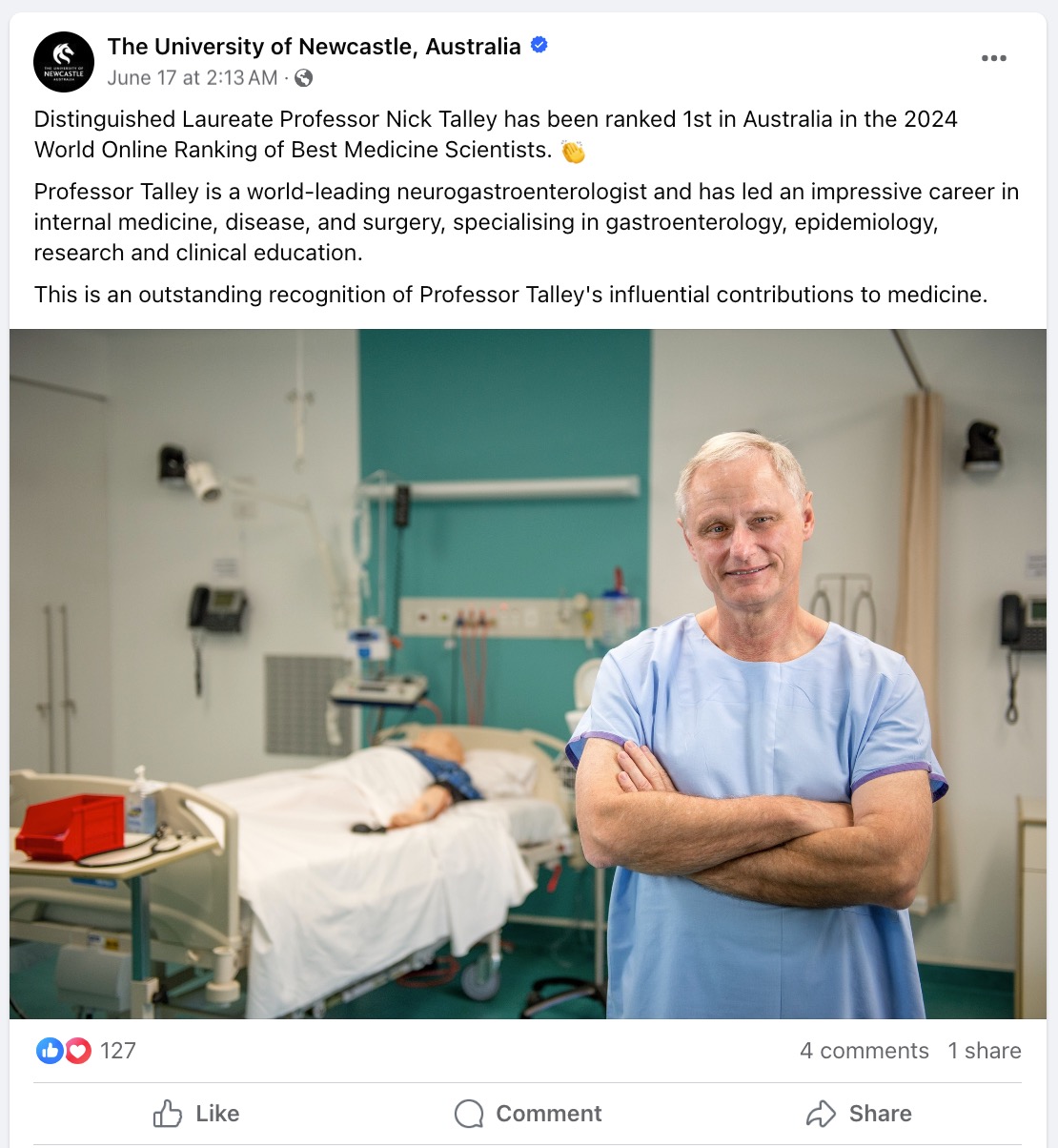 A Facebook post from The University of Newcastle, Australia, recognizing a professor recently ranked 1st in country in the 2024 World Online Ranking of Best Medicine Scientists. 