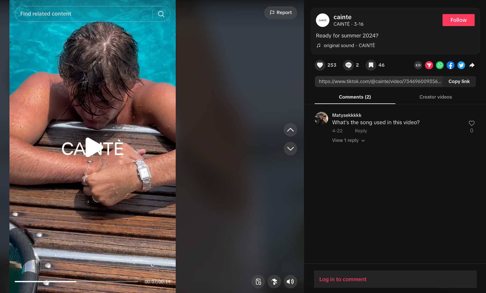 A TikTok video from Swedish acessory brand CAINTÈ, showing a man in a pool wearing a silver watch.