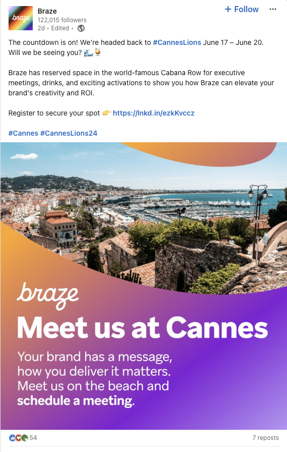 A LinkedIn post from Braze announcing their presence at the Cannes Lions event 