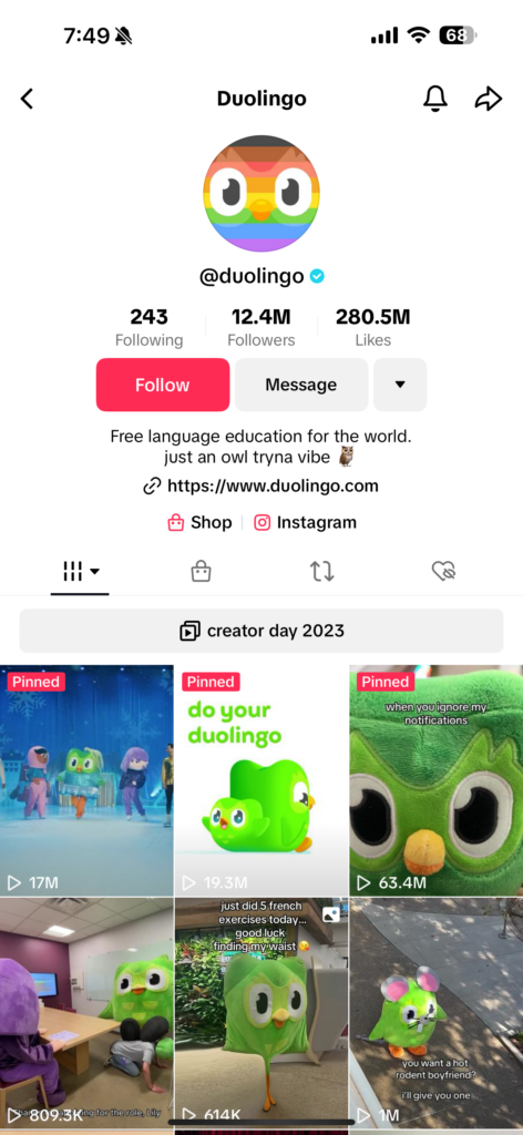 Screenshot of Duolingo's TikTok profile with verification