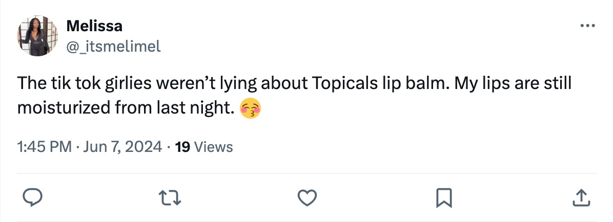 An X post celebrating a product from the skin care brand Topicals. The post uses slang and emojis. 