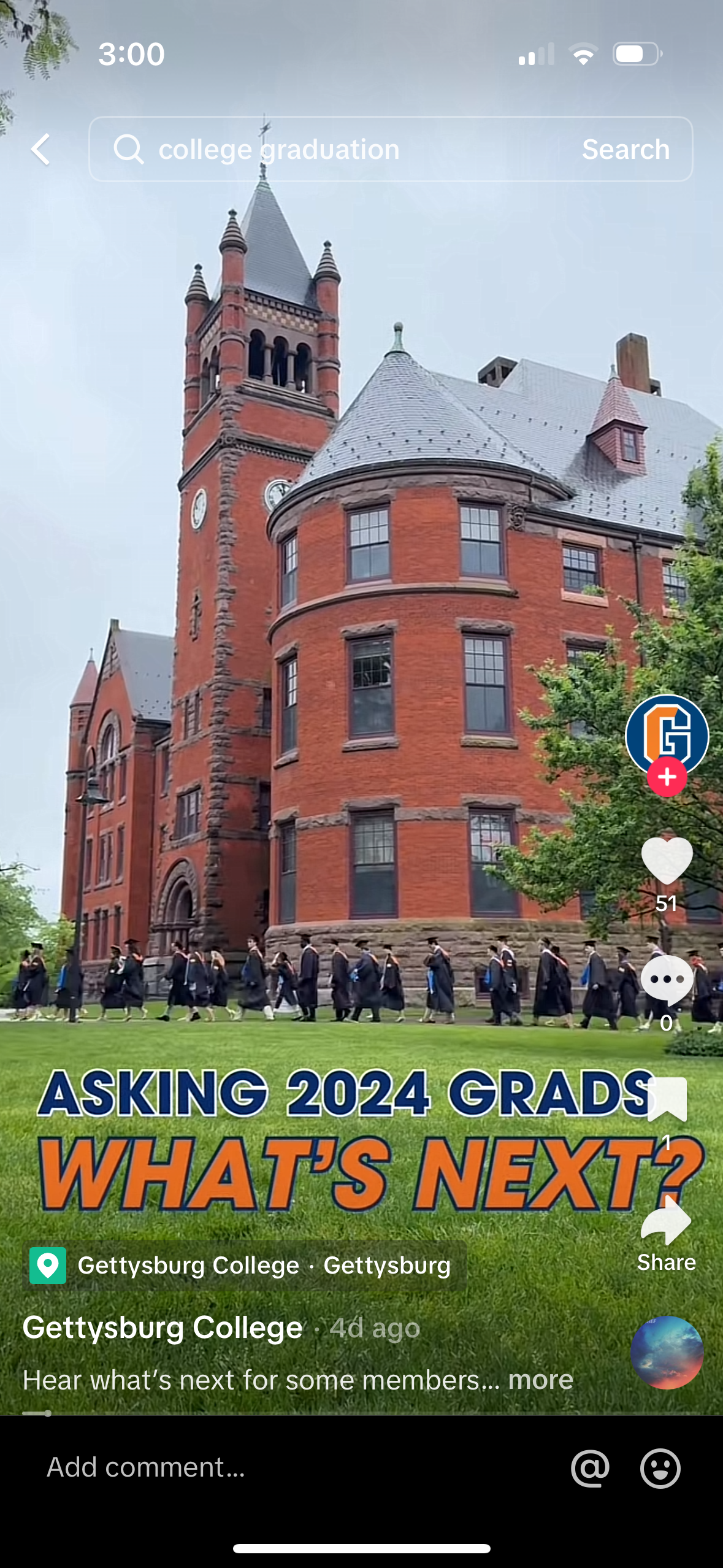 A TikTok video shows a group of college graduates walking across a campus. The video is captioned 