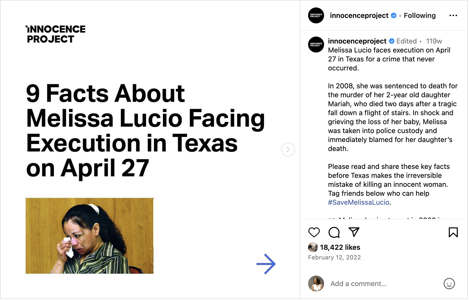 An Instagram Carousel from the Innocence Project that contains 9 facts about Melissa Lucio, a woman who was facing execution for a crime she didn't commit.