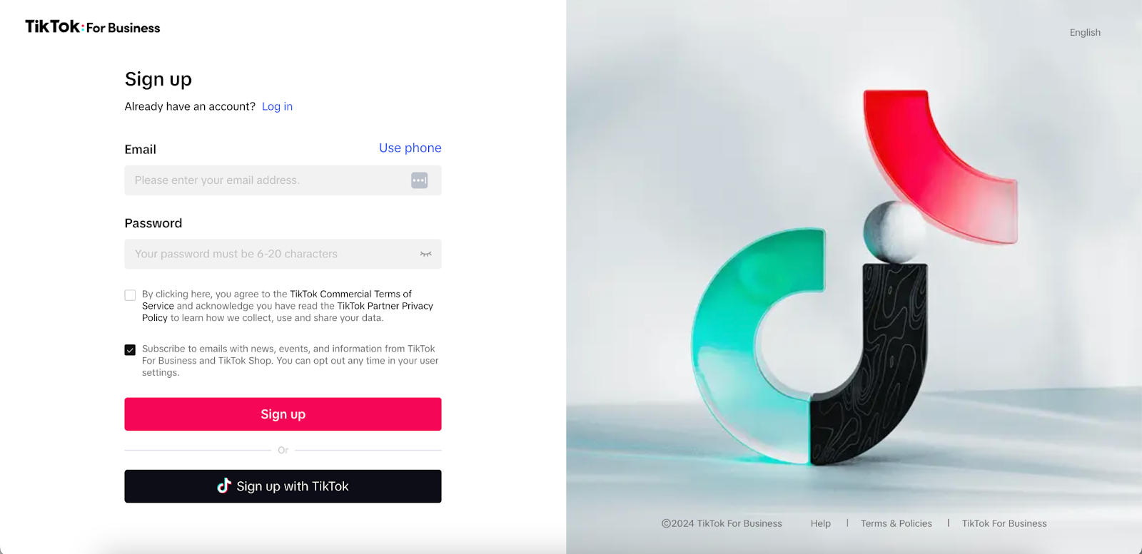 First sign-up screen in TikTok Ads set up process asking you to sign up with your email and password