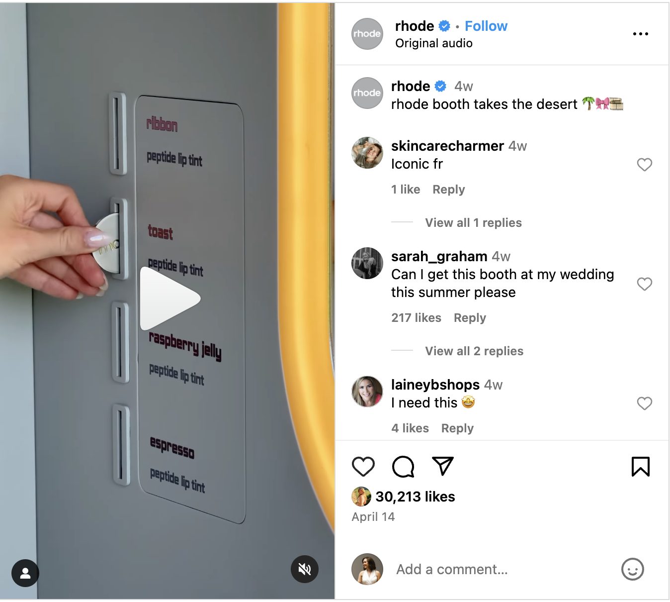A Rhode Instagram Reel showcasing how to use their viral booth and UGC photos 