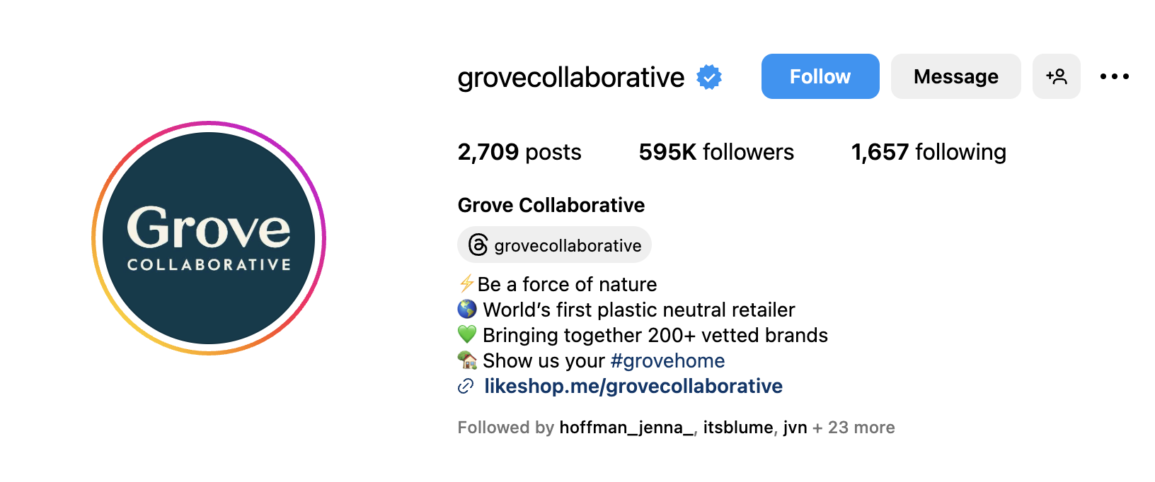 Grove Collaborative's Instagram profile. The bio reads world's first plastic neutral retailer.