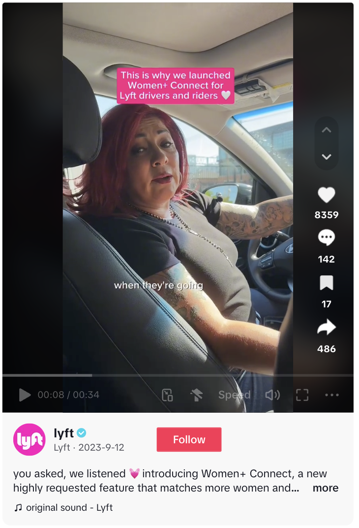 A TikTok post from Lyft featuring a real driver talking about their new Women+ Connect feature.