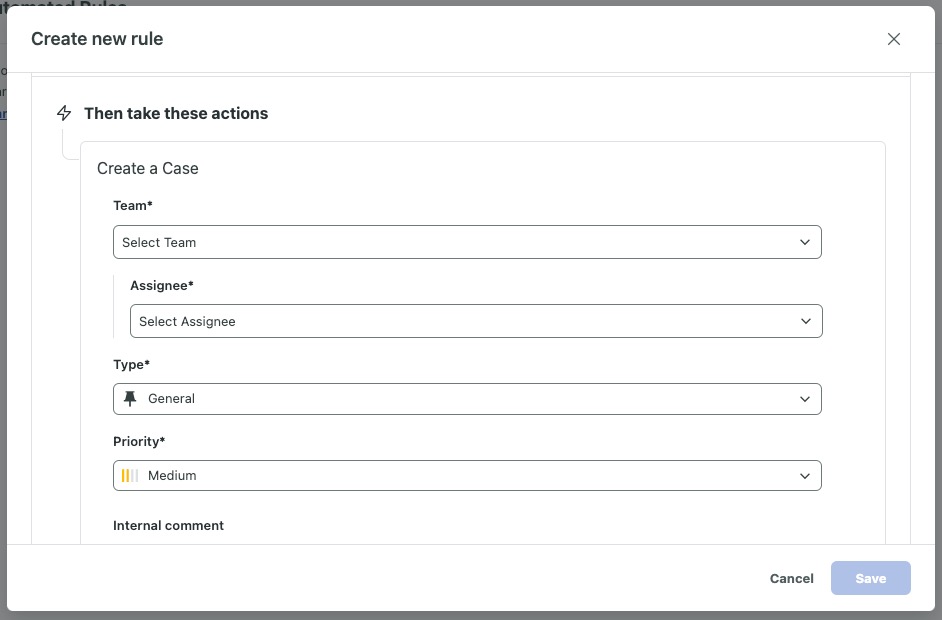 The "Create New Rule" dialogue box in the Sprout Social app. The tool uses if/then logic to determine how cases should be routed and to which teams. 