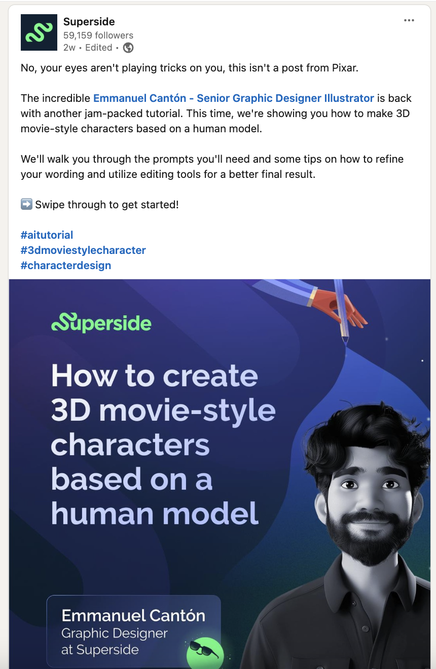  LinkedIn post from Superside, promoting workshop on how to create 3D movie-style characters based on a human model. 