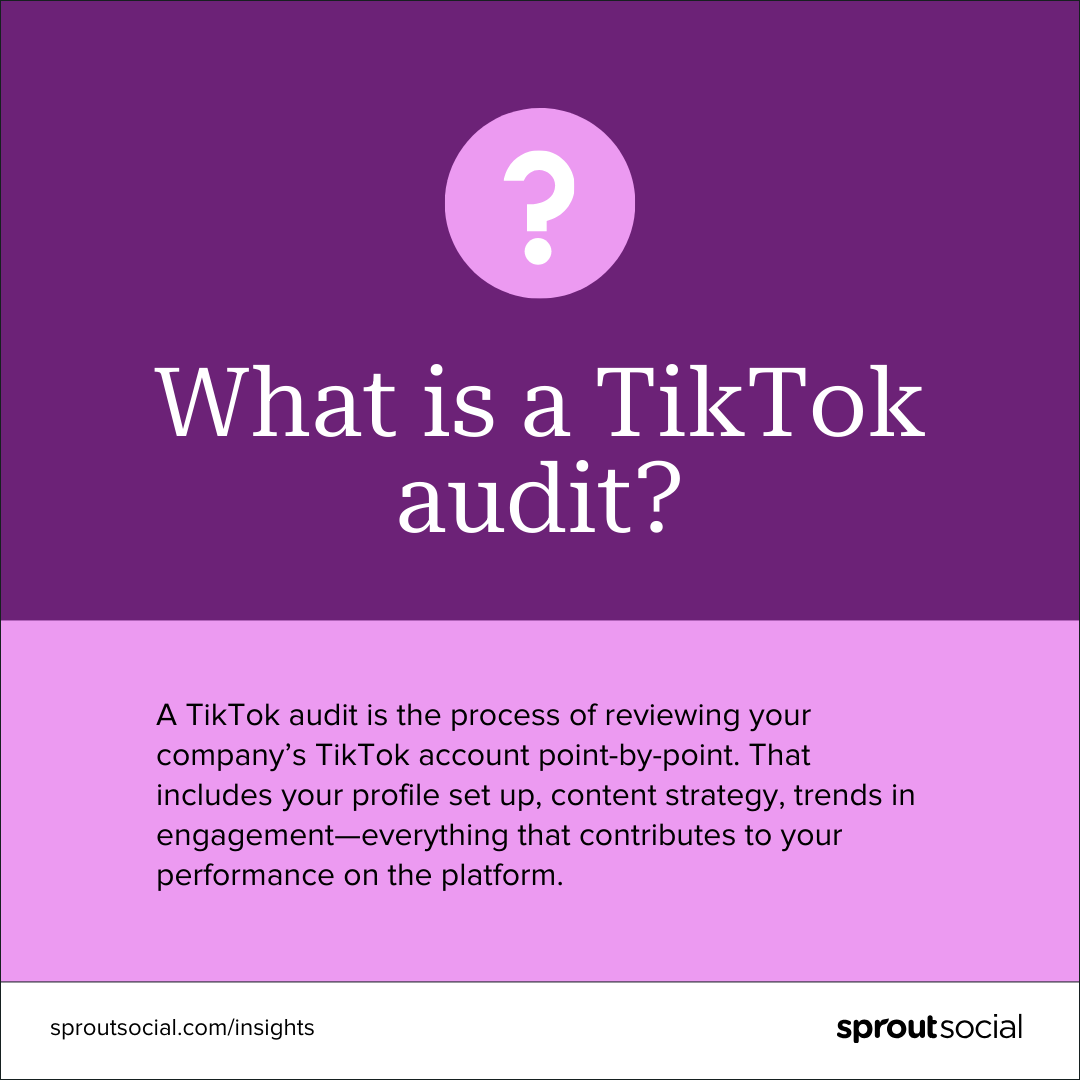 A text-based graphic that says, "What is a TikTok audit? A TikTok audit is the process of reviewing your company’s TikTok account point-by-point. That includes your profile set up, content strategy, trends in engagement—everything that contributes to your performance on the platform."