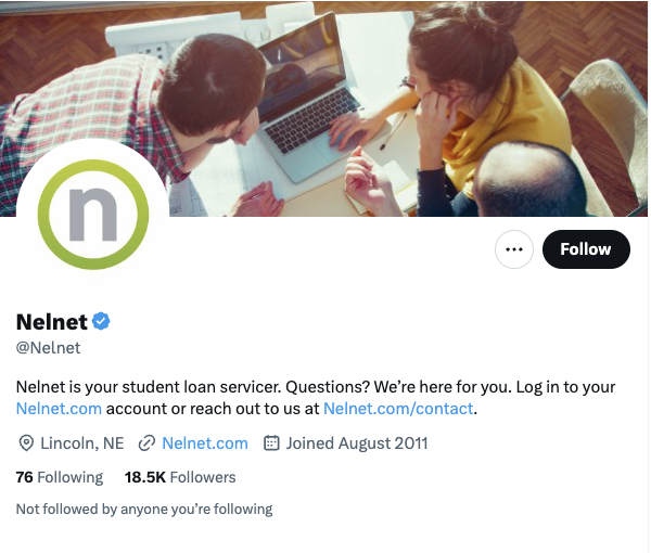 A screenshot of the Nelnet X (formerly Twitter) profile. In the screenshot you can see the brand's logo and bio. 