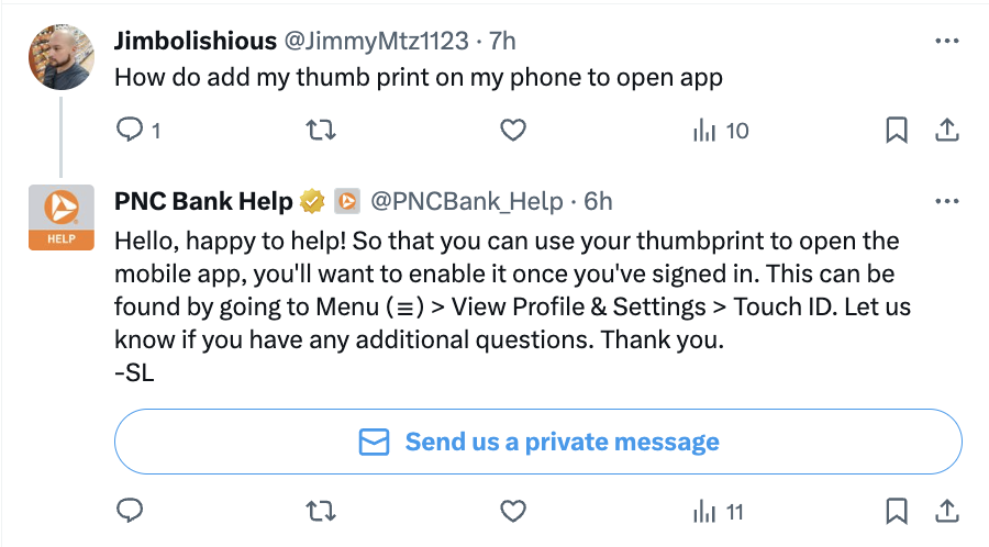 A screenshot of PNC Bank Help responding to a user on X (formerly Twitter). The care team is explaining how the customer can use their thumbprint to open the PNC Bank app. 