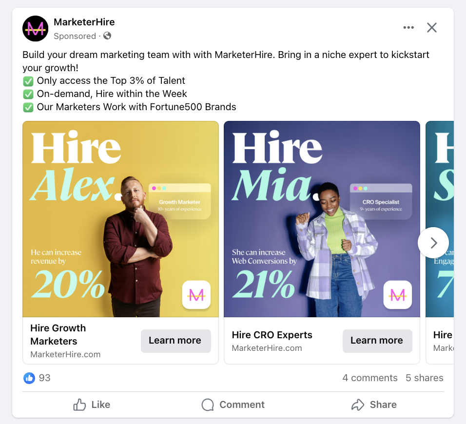 A Facebook ad from MarketerHire that has 94 likes, four comments and five shares. 