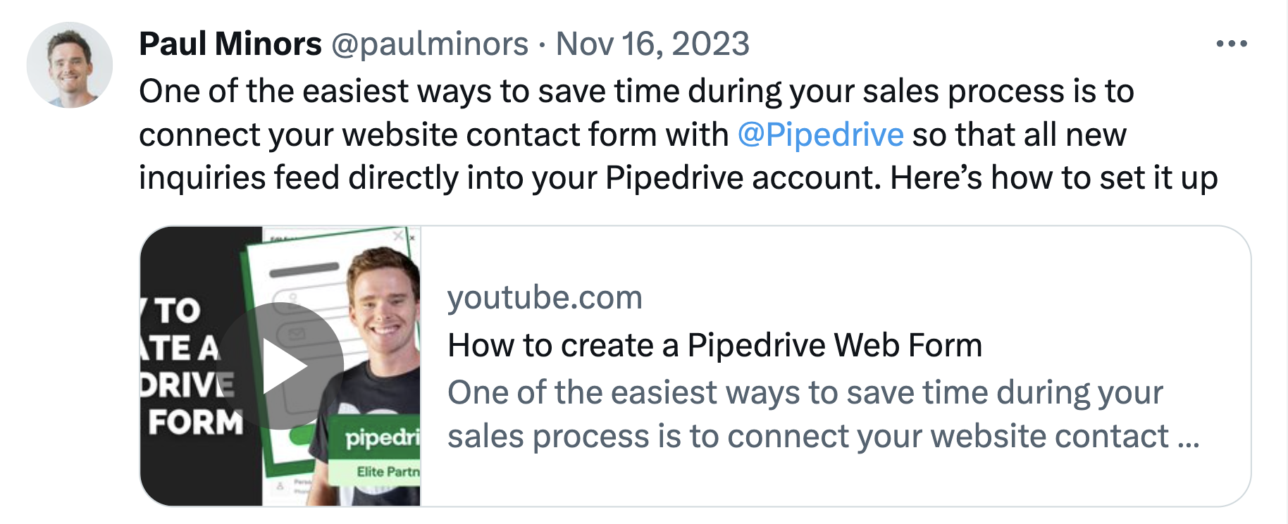 A repost from Pipedrive promoting content from one of its influencers.