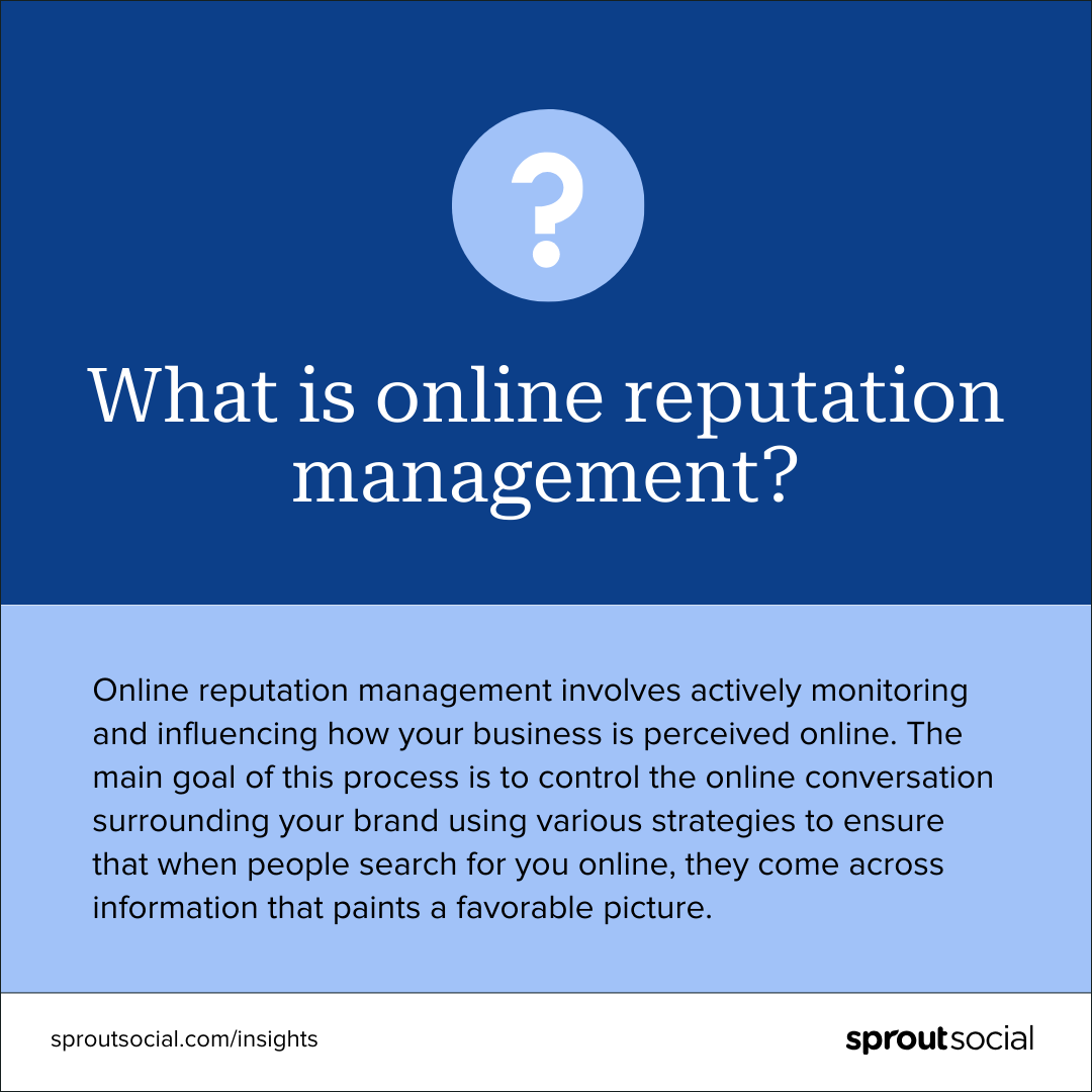 A text-based graphic that says, "What is online reputation management? Online reputation management involves actively monitoring and influencing how your business is perceived online. The main goal of this process is to control the online conversation surrounding your brand using various strategies to ensure that when people search for you online, they come across information that paints a favorable picture."
