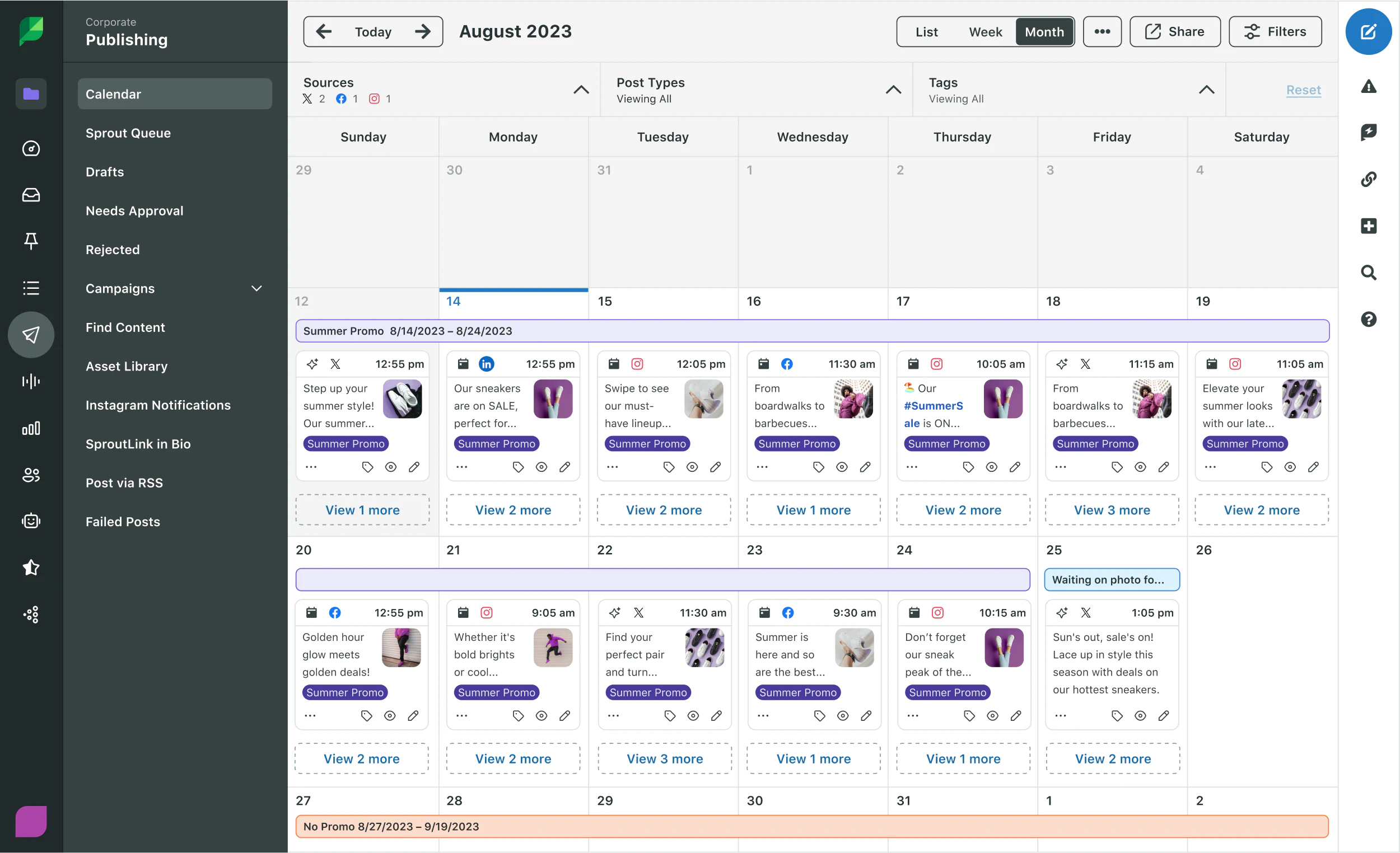 Sprout Social publishing calendar monthly view showing content cards for different days of the month