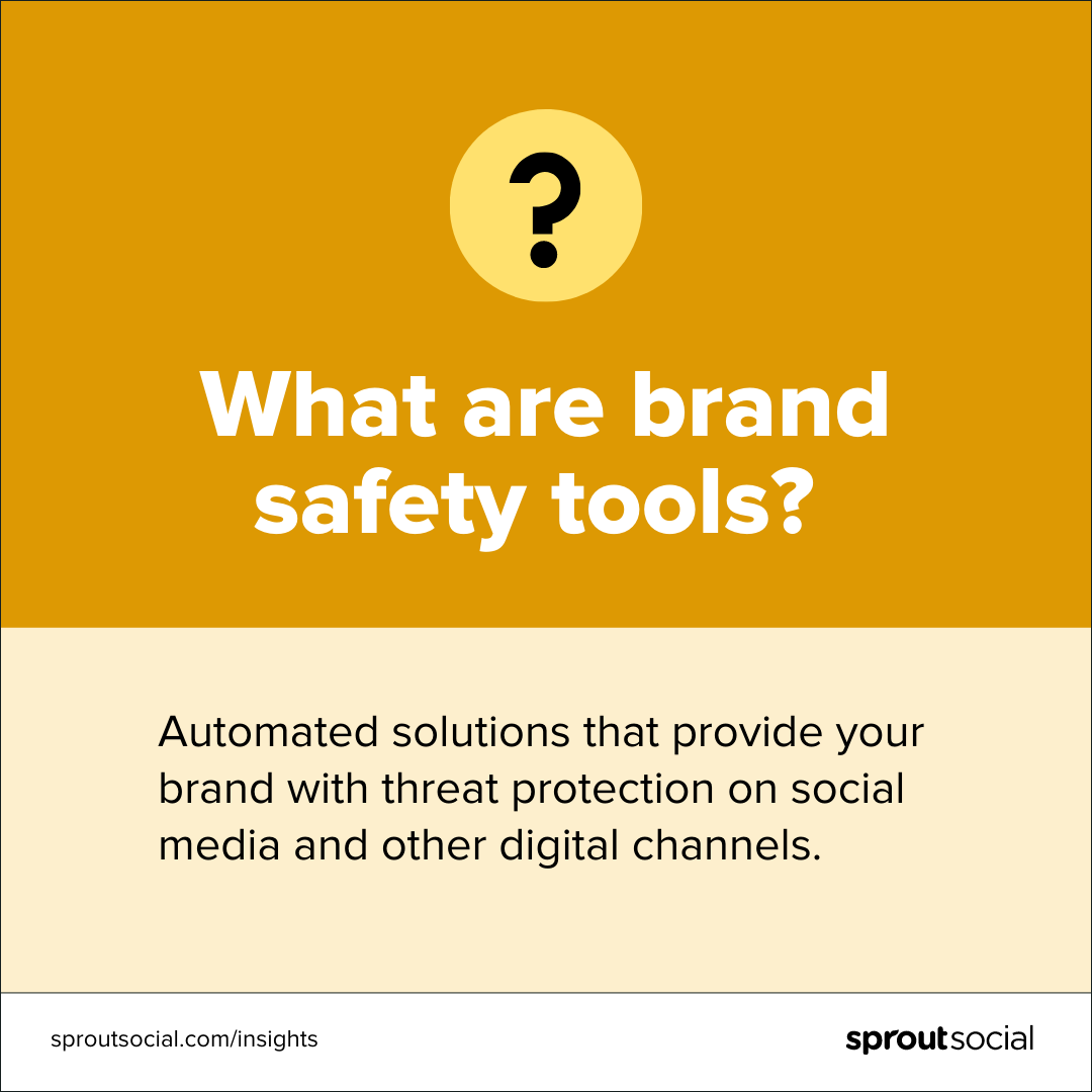 A gold graphic that reads: What are brand safety tools? Automated solutions that provide your brand with threat protection on social media and other digital channels.