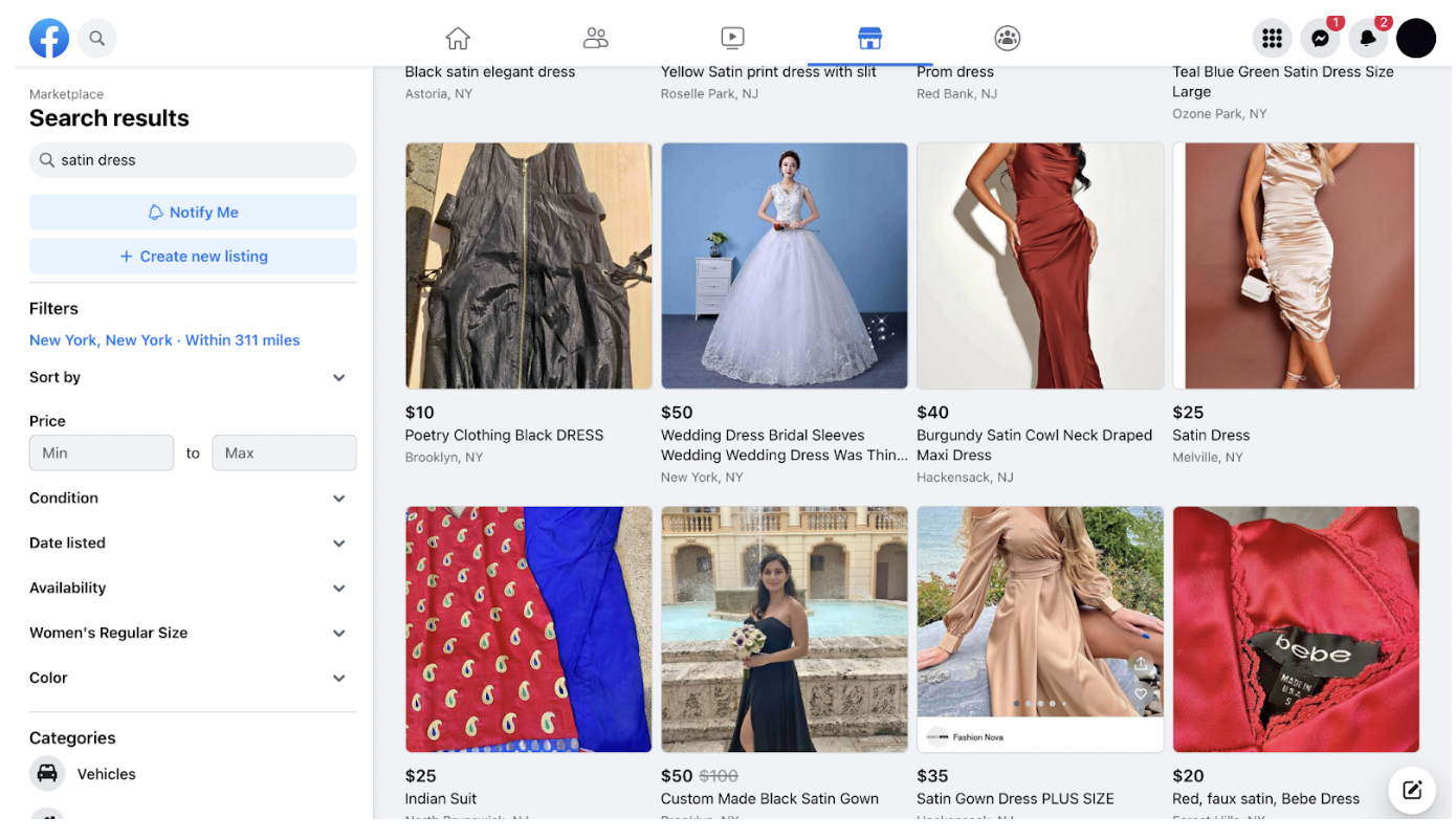 A screenshot of Facebook Marketplace that demonstrates search results (prices, images) of the search term "satin dress."