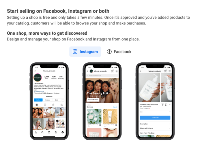 Screenshot from Meta Commerce Manager showing three mobile screenshots of selling on Instagram.