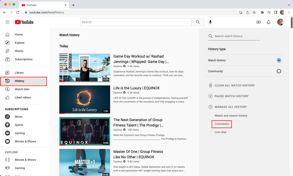 Screenshot of a user's YouTube channel watch history and a red box highlighting the History tab on the left-hand side.