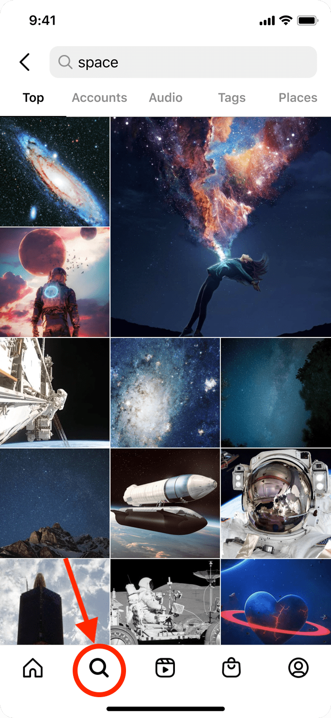 Instagram Explore Page with a search of "space"