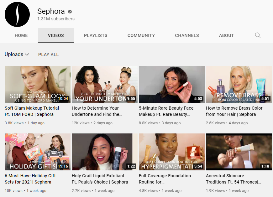 Screenshot of Sephora's YouTube upload frequency