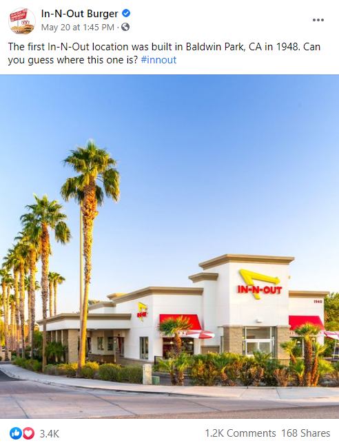 Keeping users on-site is one of the biggest facebook best practices. Here is an example of In-N-Our Burgers asking followers a trivia question.