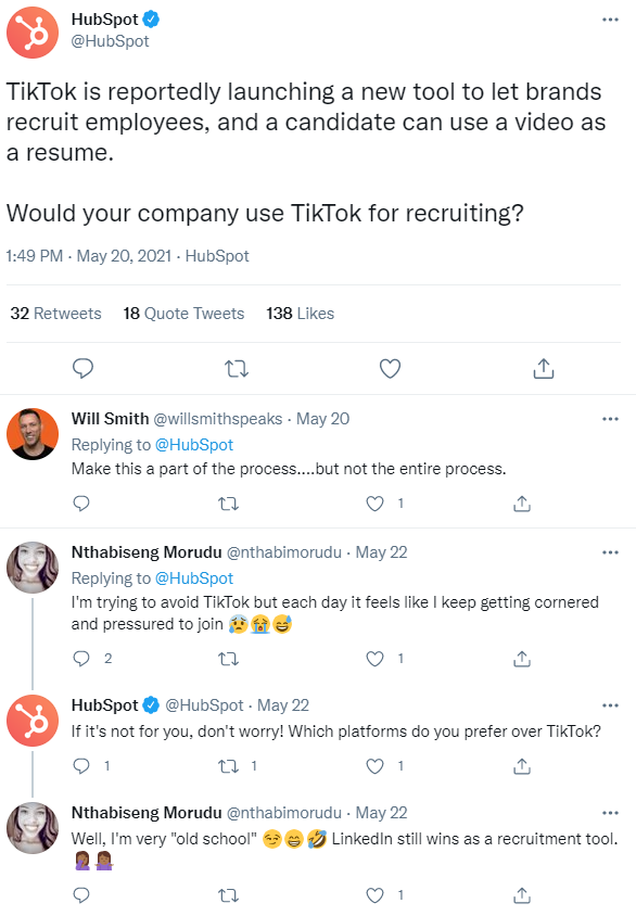 HubSpot Twitter thread about whether companies use TikTokfor recruiting