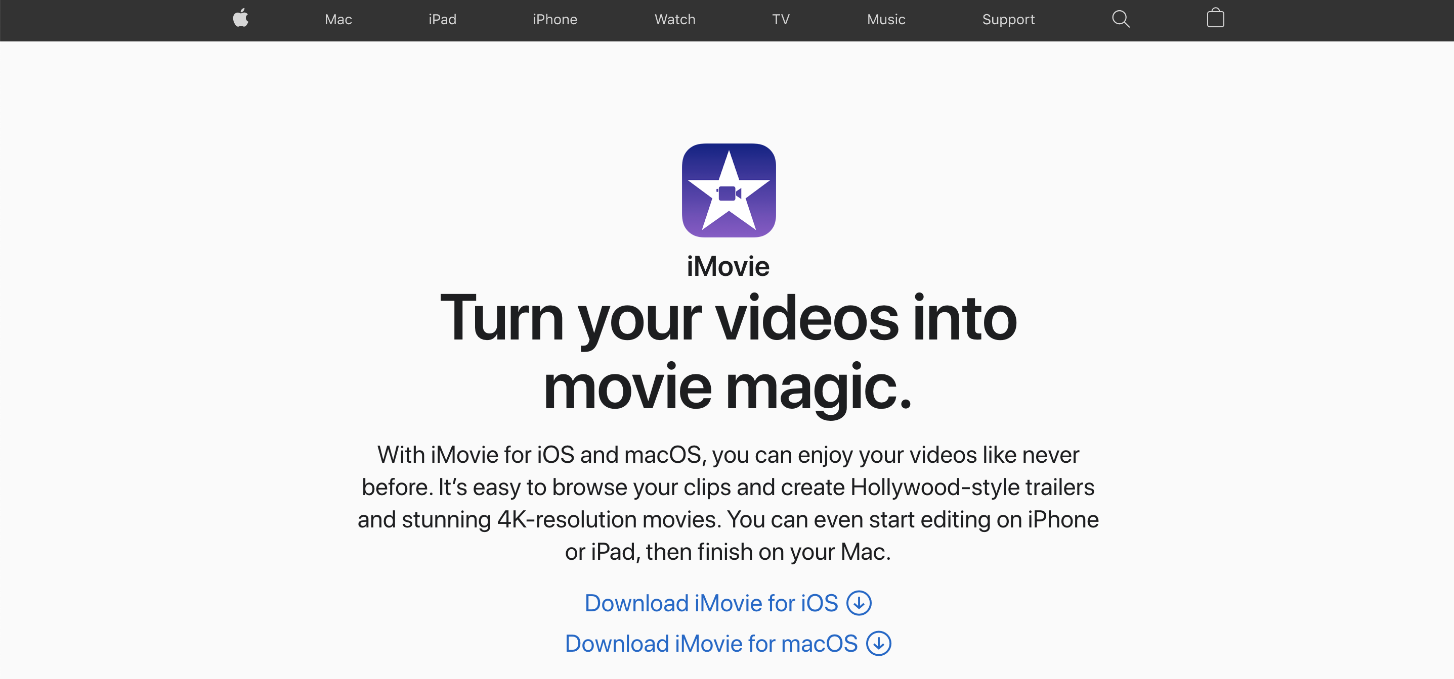 A screenshot of video editing tool iMovie's website.
